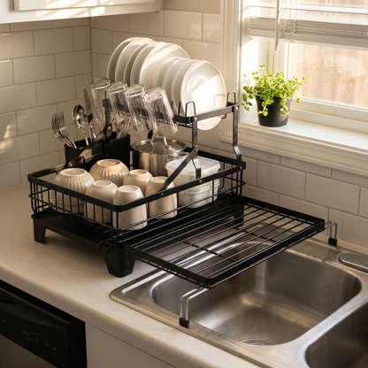 FoldAway Rack in a small rental kitchen, extension over the sink